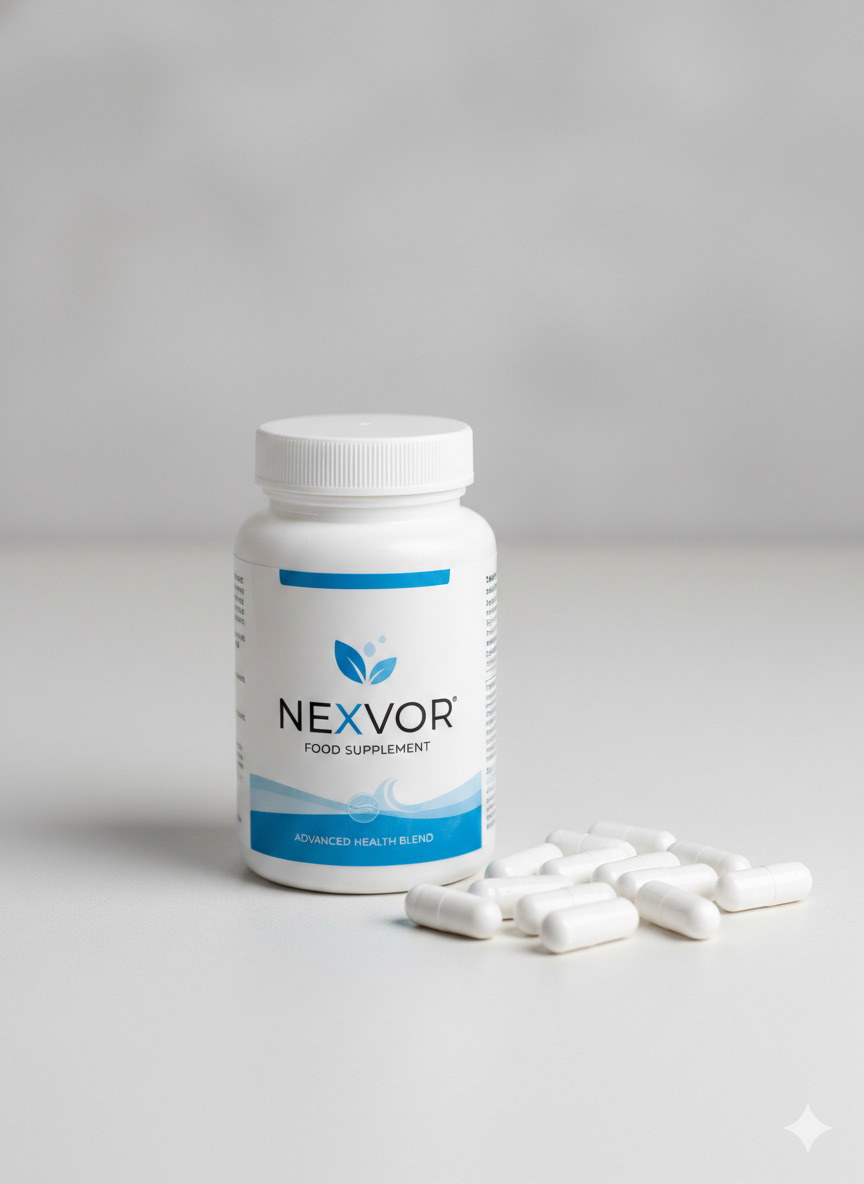 Nexvor food supplement bottle and capsules on a neutral surface